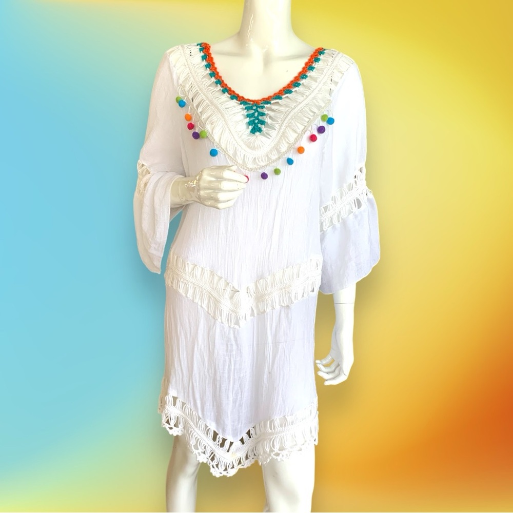 BEACH SWIM COVERUP LINEN BLEND CROCHETED TASSEL ACCENTS. WOMEN’S SIZE 10